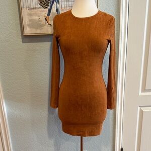 Persun Sz Small Long-Sleeve Vegan Suede Bodycon Dress in Chests Brown • NWT!